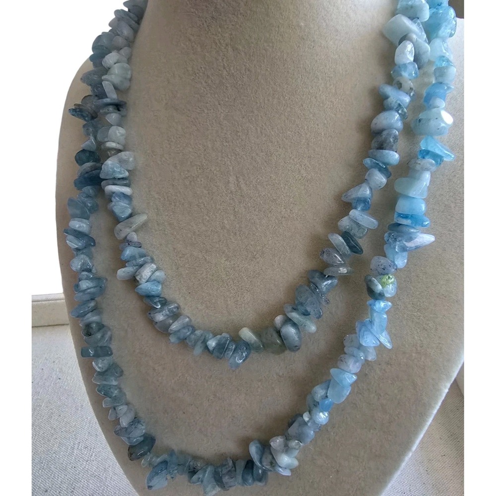 36" Aquamarine Chip Bead Necklace – Natural Blue Gemstone Strand - Picture 3 of 10